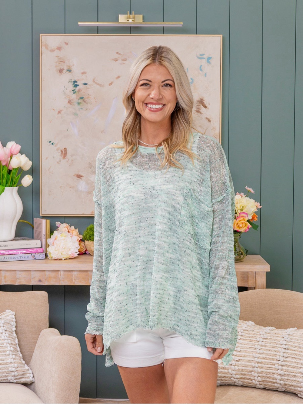 easel Mint Green Open-Knit Lightweight Sweater